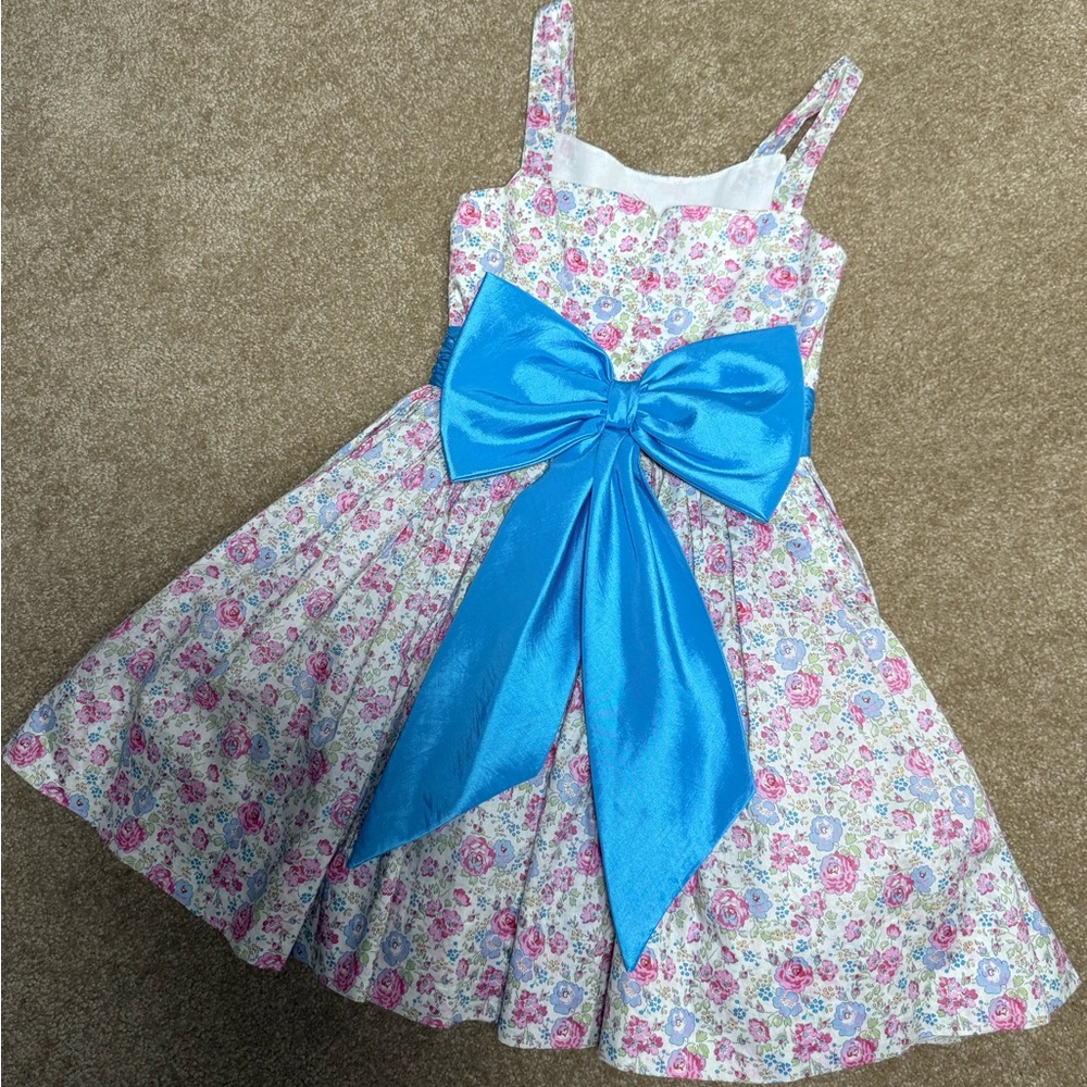 Girl’s Handmade Floral Dress with Blue Bow, | Vintage Aesthetic | Size 5